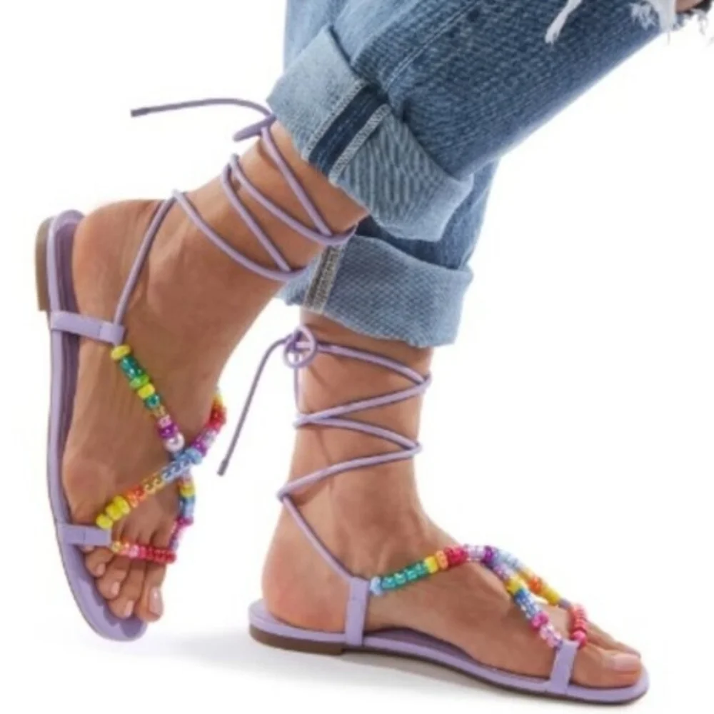 NWT Katy Perry Halie Bead Lace-Up Sandals Fuchsia Pink - Picture 4 of 6